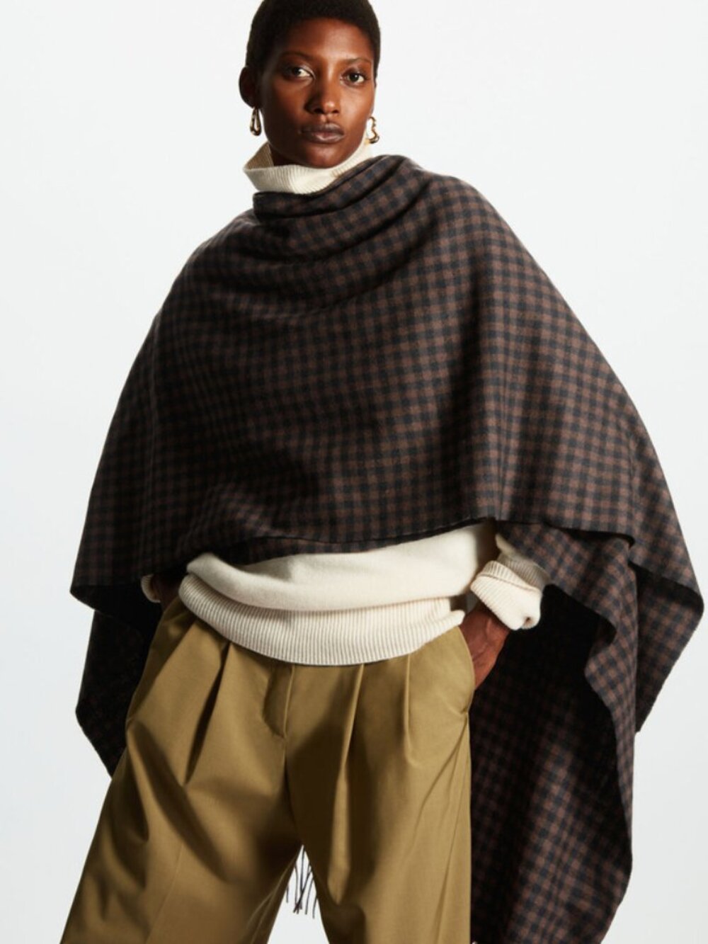 COS FRINGED 100%WOOL CAPE BROWN BLACK CHECKED, NWOT